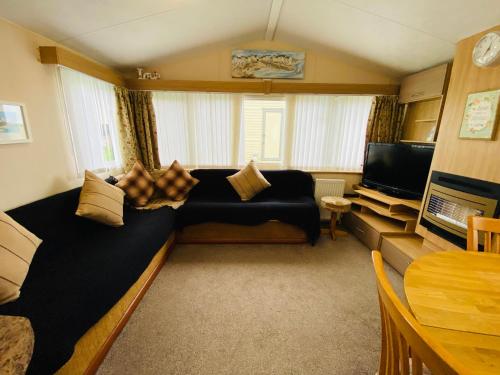a living room with a couch and a television at Older Style Caravan Pebble Bank T10 in Wyke Regis