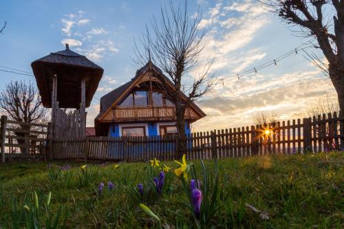 a small house with a fence and flowers in the grass at Casele cu Stuf B&B Haus Ulrike in Sălicea