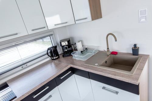 a kitchen counter with a sink and a window at Panoráma Úszóház 2 in Abádszalók