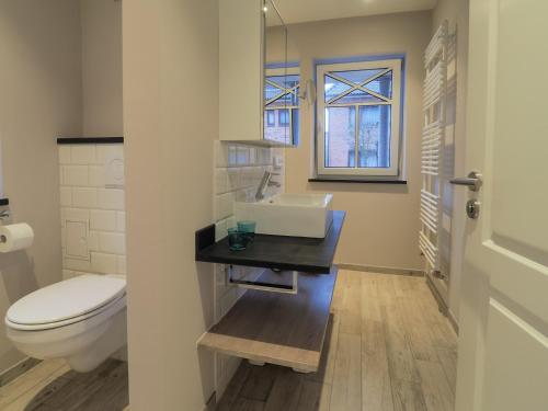 een badkamer met een toilet, een wastafel en een raam bij Strandpalais Apartment Landgang in Büsum
