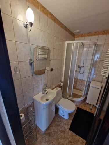 a bathroom with a toilet and a sink and a shower at Pod Gruszą in Władysławowo