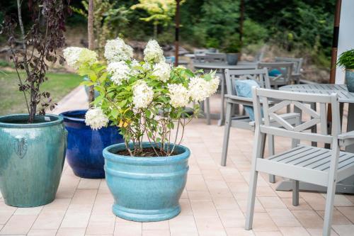 three blue pots with flowers in them on a patio at Mały Bór in Lgiń