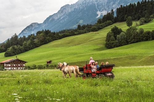 a group of people on a horse drawn cart in a field at Residenz Theresa in Söll