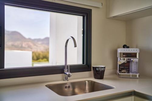 eine Küche mit einem Waschbecken und einem Fenster in der Unterkunft Namasté in San José