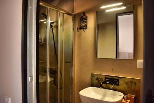 a bathroom with a sink and a shower and a mirror at Heaven's Edge in São Brás de Alportel
