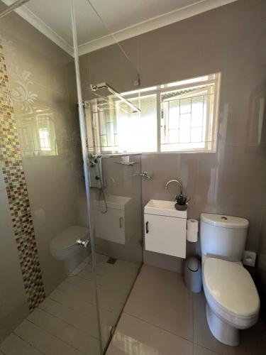 a bathroom with a toilet and a glass shower at Ridgeworth Cottage in Greyton