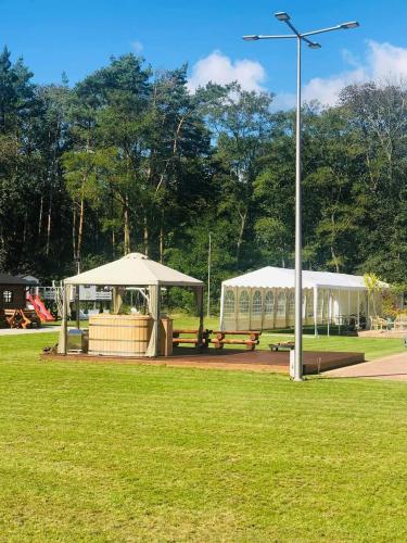 a park with two gazebos and a picnic table at Mały Bór in Lgiń