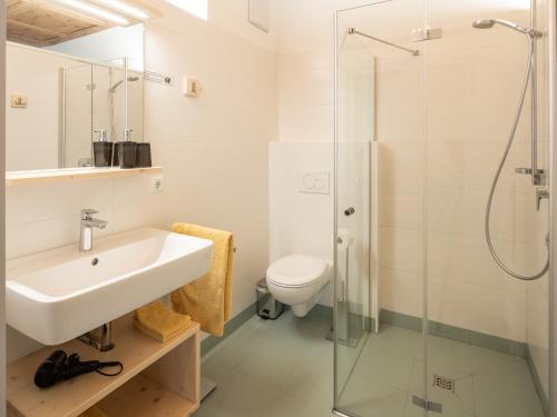 a bathroom with a sink and a shower at Vintlerhof in Bressanone