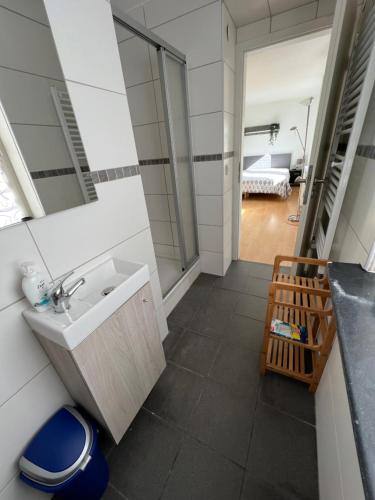 ein Bad mit einem Waschbecken und einem Spiegel in der Unterkunft Zimmer Am Wasser in Calden