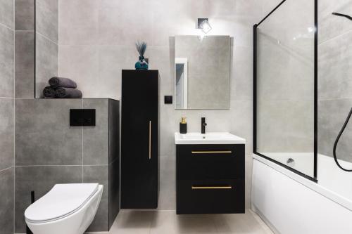 W łazience znajduje się toaleta, umywalka i lustro. w obiekcie Margaret Apartment w Krakowie