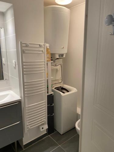 La petite salle de bains est pourvue de toilettes et d'un lavabo. dans l'établissement VUE MER ET ESTEREL SUR LA BAIE DE CANNES, à Théoule-sur-Mer
