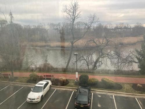 two cars parked in a parking lot next to a lake at Spark by Hilton Rahway in Rahway