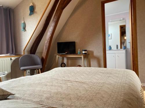 1 dormitorio con 1 cama, 1 silla y TV en Chambres dhotes a la ferme en Forest-Montiers