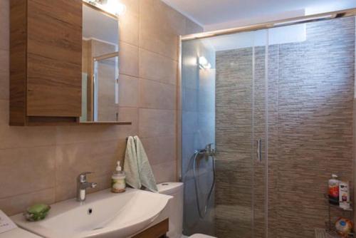 a bathroom with a shower with a sink and a toilet at Kety’s house in Exámbela