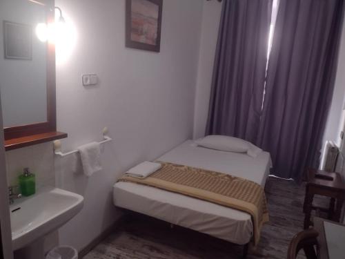 a small room with a small bed and a sink at Pensión San Isidro in Madrid