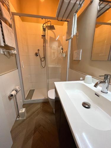 a bathroom with a sink and a shower and a toilet at Hotel Regina in Grado