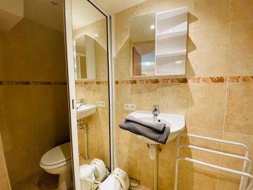 een badkamer met een toilet, een wastafel en een douche bij Maison des Dunes, T2, proche plage et forêt in Anglet