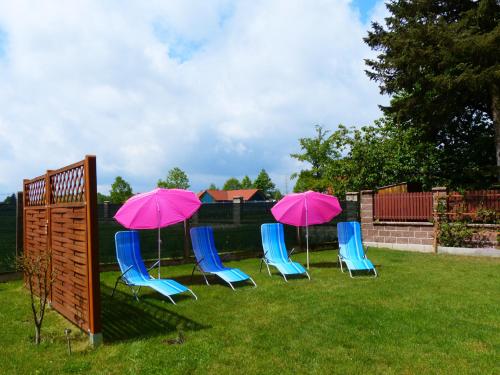 a group of chairs and umbrellas in a yard at Penzion Amálka in Třeboň