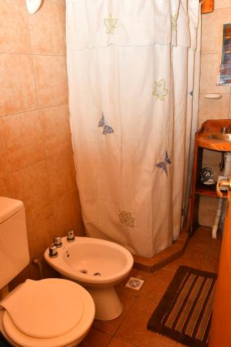 a bathroom with a toilet and a shower curtain at ABEDULES CABAÑAS PEHUENIA in Villa Pehuenia
