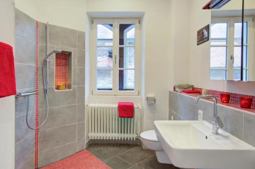 W łazience znajduje się umywalka, toaleta i prysznic. w obiekcie Ferienwohnung Am Alten Rathaus w mieście Neustadt an der Weinstraße
