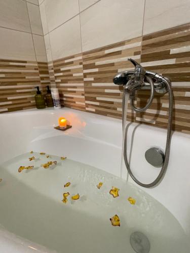 a bathroom with a bath tub with leaves in it at Apartmán Miriam in Nitra