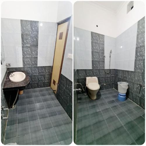 two pictures of a bathroom with a toilet and a sink at Hotel HK Continental in Amritsar