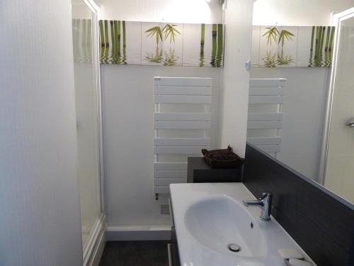 une salle de bain avec un lavabo et un miroir dans l'établissement Appartement T2 face à la mer, 4 couchages, Les Sables d'Olonne - Proche plage et marché - FR-1-325-9, à Les Sables-dʼOlonne