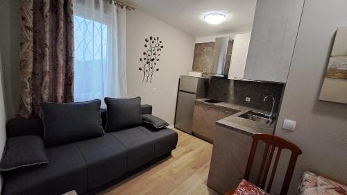 a living room with a couch and a kitchen at Apartment ŠTIZ by the sea with an organized beach in Betina