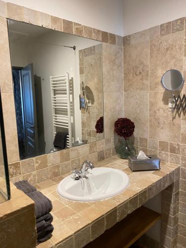une salle de bain avec un lavabo et un grand miroir dans l'établissement Le Loft CITY, au cœur du village, à Saint-Rémy-de-Provence