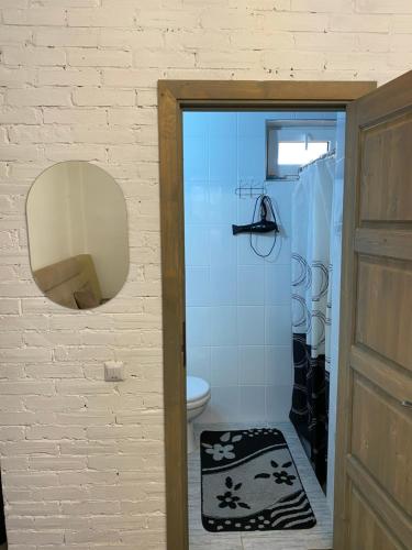 a bathroom with a shower with a toilet and a mirror at Zaton Guesthouse in Cholpon-Ata
