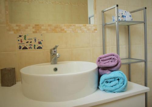 利昂尼迪翁的住宿－Seaview lovely Villa，浴室水槽和台面上的毛巾