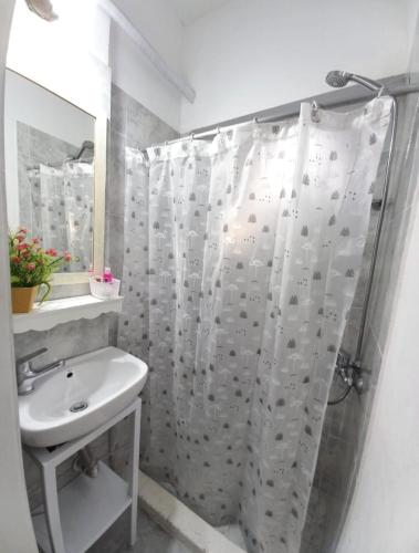 een badkamer met een douchegordijn en een wastafel bij A&A Monoambiente in Presidente Roque Sáenz Peña