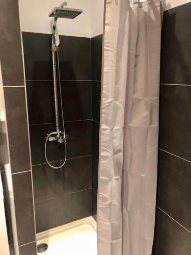 une douche avec un rideau de douche dans une salle de bain dans l'établissement Studio Piscine, 200m port de Porto Vecchio pour 2 personnes, à Porto-Vecchio