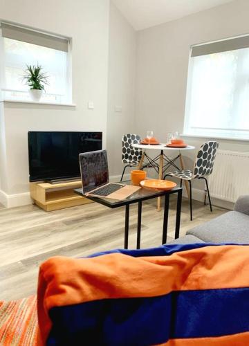 En TV eller et underholdningssystem på Stunning 1-bedroom annexe flat with own entrance near London