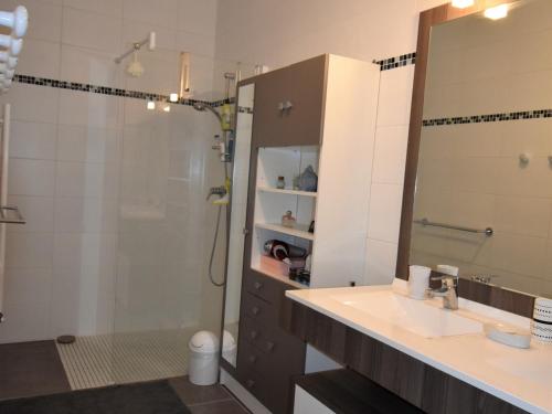 une salle de bain avec une douche, un lavabo et un miroir dans l'établissement Arcachon - T3 calme et spacieux avec jardin et parking, proche port et plage - FR-1-420-49, à Arcachon