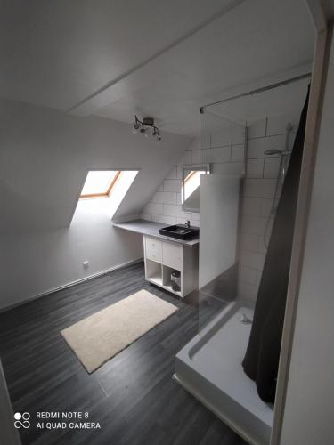 une salle de bain avec une douche en verre dans une chambre dans l'établissement Le Charmant, à Bohain-en-Vermandois