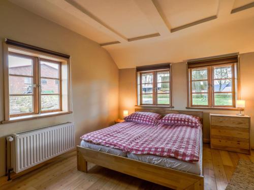 ein Schlafzimmer mit einem Bett und zwei Fenstern in der Unterkunft Holiday Home Dat Litsche Hus-3 by Interhome 