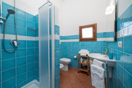 y baño de azulejos azules con lavabo y ducha. en Su Cannonariu, en Orosei