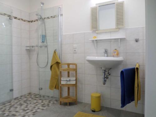 a bathroom with a sink and a shower at Haus Sonnenhof am Dollart 45240 in Ditzumerhammrich