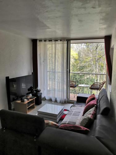 un salon avec un canapé et une grande fenêtre dans l'établissement Chambre d'hôte au PARC DES THIBAUDIERES, à Boussy-Saint-Antoine