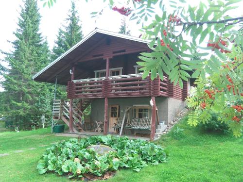 a log cabin with a porch and a garden at Päivänsäde Cottage in Toivakka