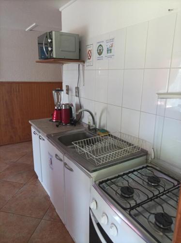 a kitchen with a stove and a sink at Cabañas MANA NUI INN in Hanga Roa