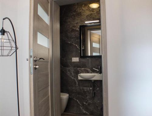 a bathroom with a sink and a mirror at Apartament Plac Piastowski 1 in Jelenia Góra
