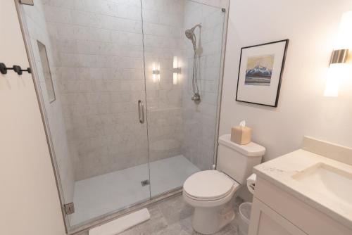 a white bathroom with a shower and a toilet at Colony Suites in Palmer