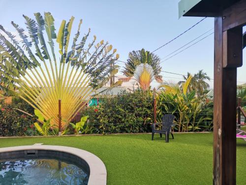 GoyaveにあるAu cœur du papillon piscine collective en familleのプールと椅子と植物のある庭