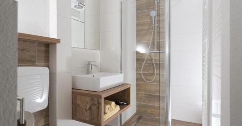 een badkamer met een wastafel, een toilet en een douche bij Michlhof in Zeil