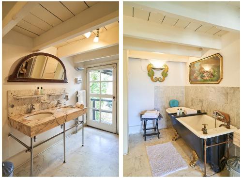 two images of a bathroom with a sink and a mirror at Huis met de Leeuwenkoppen in Dieren