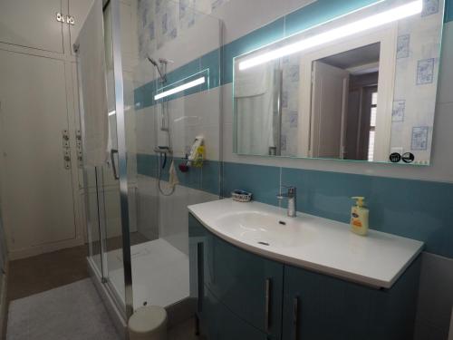 une salle de bain avec un lavabo et une douche avec un miroir dans l'établissement Appartement pour 5 à Arcachon avec parking sécurisé - FR-1-474-10, à Arcachon
