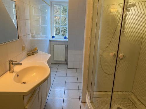 a bathroom with a sink and a shower at Felsenmühle Neuleiningen in Neuleiningen
