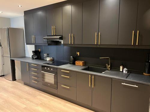 una cocina con armarios negros y electrodomésticos de acero inoxidable en Notodden Sentrum Apartment NO 11 en Notodden
